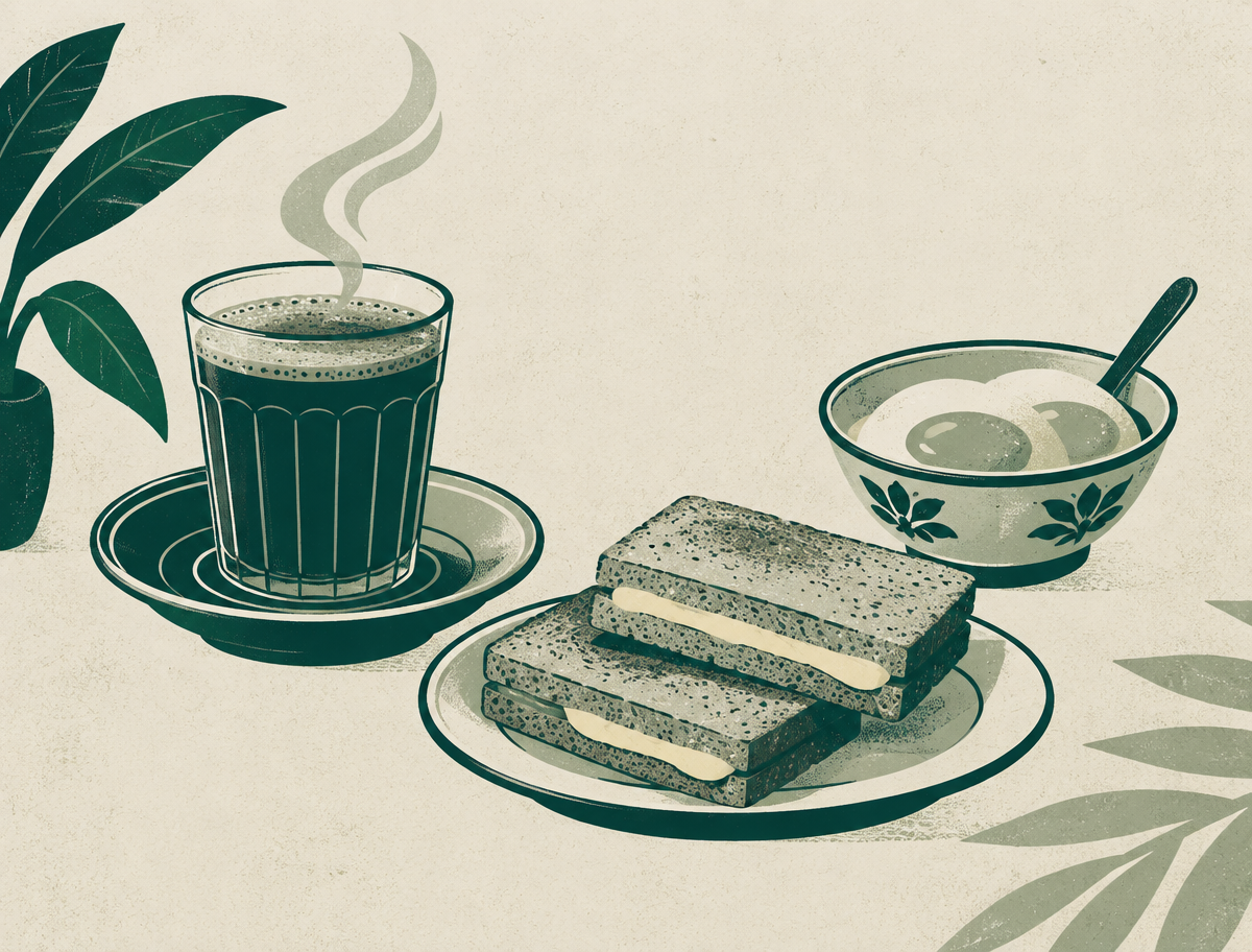 Editorial illustration of kopi, kaya toast and soft-boiled eggs